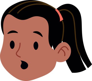 Genç bir kızın kafası at kuyruklu basit bir çizgi film stiliyle gösteriliyor. Çocukça ifadeler şaşkınlık ve şaşkınlık gösteriyor. Çizgi film vektör illüstrasyonu