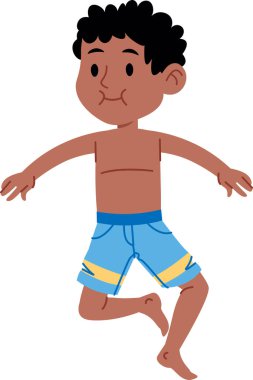 Yüzme şortlu genç bir çocuk neşeli bir atlayışta tasvir edilir. Çocuklar enerji ve yaz aktivitelerini iletir. Çizgi film vektör illüstrasyonu