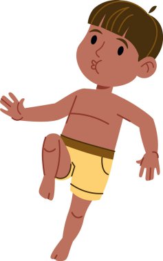 Basit bir çizgi film tarzında tasvir edilmiş genç bir çocuk kollarını açmış koşuyor. Sarı şortlu küçük bir çocuk şakayla koşuyor. Çizgi film vektör illüstrasyonu