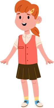 Okul üniformalı mutlu bir kız ayakta duruyor. Eğitici projeler için biçilmiş kaftan. Çizgi film Vektör İllüstrasyonu.