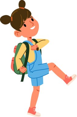 Bir kız, neşeli bir çizgi film tarzıyla gösterilen sırt çantasıyla yürüyor. Bu genç öğrenci neşe içinde eşyalarını okula taşıyor. Çizgi film vektör illüstrasyonu