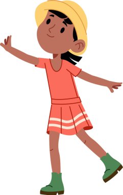 Mercan elbiseli ve güneş şapkalı genç bir kız neşeyle uzanıyor. Yazlık elbiseli bir çocuk dışarıda oynuyor. Çizgi film vektör illüstrasyonu