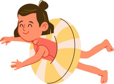 Bir çocuk çizgili şişme bir yüzüğün içinde neşeyle yüzüyor. Genç kız, batmayan bir yardımla güneşli bir günün tadını çıkarıyor. Çizgi film vektör illüstrasyonu