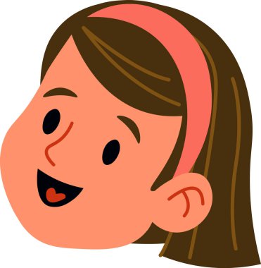 Bir kız kafası basit bir çizgi film tarzında saç bandıyla gösterilir. Neşeli genç insanlar neşe ve heyecanla ışıldıyor. Çizgi film vektör illüstrasyonu