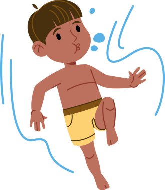 Yüzme şortu giyen bir çocuk, su altında köpük üfleyerek eğlenceli bir çizgi film tarzında tasvir edilir. Genç bir yüzücü havuzda su sıçratmaktan zevk alır. Çizgi film vektör illüstrasyonu