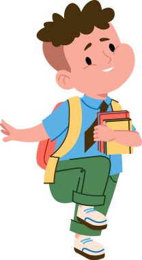 Neşeli bir çocuk basit bir çizgi film tarzında tasvir edilir. Sırt çantası ve kitaplarla. Genç öğrenci sevinçle ders kitaplarını okula taşır. Çizgi film vektör illüstrasyonu