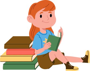 Kızıl saçlı bir kız bir yığın kitabın yanında oturuyor ve yeşil bir kitap okuyor. Genç bir öğrenci, okuma materyallerinin arasında edebiyattan zevk alır. Çizgi film vektör illüstrasyonu