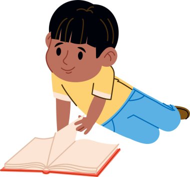 Sarı tişörtlü ve mavi pantolonlu genç bir çocuğa basit bir çizgi sanatı tarzında kitap okurken gösteriliyor. Gençlik bir hikayeye dalmış, edebiyatının sayfalarını çeviriyor. Çizgi film vektör illüstrasyonu