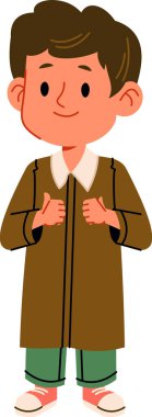 Kahverengi paltolu gülümseyen bir çocuk başparmağıyla ayağa kalkar. Bu neşeli çocuk imajı çocuk kitapları, web siteleri ve kartları için mükemmel. Çizgi film Vektör İllüstrasyonu.