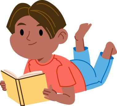 Bir çocuk, basit ve kalın çizgilerle dolu bir kitaba dalmış, yüzüstü yatıyor. Gençlik edebiyata dalmış ve sakin bir anın tadını çıkarıyor. Çizgi film vektör illüstrasyonu