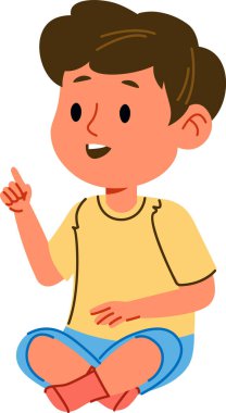 Neşeli bir çocuk bacak bacak üstüne atmış, yukarıyı işaret ediyor. Bu oyuncu çocuk imajı çocuk kitapları ve eğitim materyalleri için mükemmel. Çizgi film Vektör İllüstrasyonu.