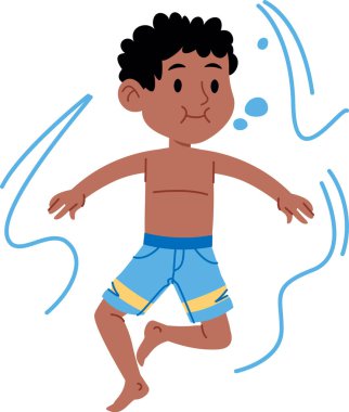 Yüzme şortlu genç bir çocuk basit çizgilerle betimlenmiş suda yüzüyor. Bir çocuk yazın havuzda su sıçratmaktan zevk alır. Çizgi film vektör illüstrasyonu