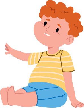 Kıvırcık saçlı neşeli genç bir çocuk çizgili gömlek ve şort giyerek oturur. Küçük bir çocuk oyuncu bir pozla tasvir edilir, maceraya hazırdır. Çizgi film vektör illüstrasyonu