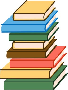 Düzgün bir kitap yığını temiz çizgi çizim tarzıyla tasvir edilir. Birçok cilt basit ve düzenli bir düzende üst üste yığılır. Çizgi film vektör illüstrasyonu