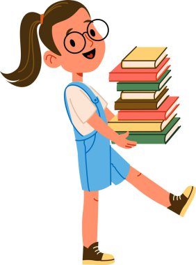 Tulumlu gözlüklü bir kız çizgi film tarzında mutlu bir ifadeye sahip bir yığın kitap taşır. Genç öğrenci mutlu bir şekilde bir edebiyat koleksiyonunu tasvir ediyor..