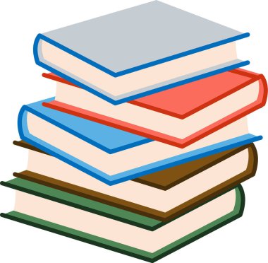 Bir yığın kitap katı sayfa dolguları ile temiz bir çizgi sanat tarzında tasvir edilir. Çoklu ciltler bir okuma koleksiyonu için düzgünce düzenlenir. Çizgi film vektör illüstrasyonu