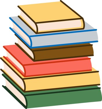 Bir yığın kitap, kalın hatları olan basit bir sanat tarzıyla tasvir edilir. Birkaç cilt düzgünce bir okuma malzemesi koleksiyonunda üst üste yığılmış. Çizgi film vektör illüstrasyonu