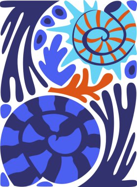 Deniz yosunları ve deniz yosunları, sadeleştirilmiş şekilleri ile kalın ve düz bir şekilde tasvir edilir. Nautilus ve su bitkileri zıt çizgiler ve formlar kullanarak canlı bir deniz manzarası yaratırlar. Çizgi film vektör illüstrasyonu