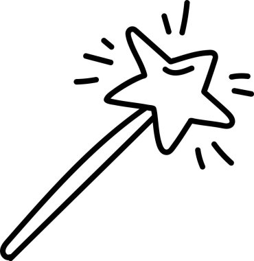 Yıldız uçlu basit bir değnek kalın çizgiler ve yayılan patlamalarla tasvir edilir. Sihirli çubukta parlak bir yıldız ve büyü için ışıltılar var. Çizgi film vektör illüstrasyonu