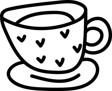 Basit bir çay fincanı cesur bir taslak ve yüzeyini süsleyen küçük kalp şekilleriyle gösterilir. İçecek kabı tam bir görüntü için bir fincan tabağının üzerinde duruyor. Çizgi film vektör illüstrasyonu
