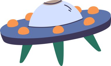 Basit bir çizgi film tarzında çizilmiş kubbeli ve dairesel ışıkları olan oyuncu bir UFO. Uzay gemisi yuvarlak aksanlı ve açılı bacaklı tuhaf bir tasarıma sahiptir. Çizgi film vektör illüstrasyonu.