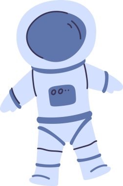 Uzay giysisi içinde basit bir çizgi film tarzında çizilmiş bir astronot. Şekil, minimalist çizgiler ve oyuncu bir görünümle havada süzülürken resmedilir. Çizgi film vektör illüstrasyonu.