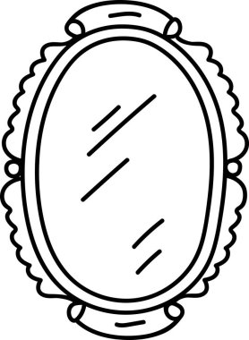 Elle çizilmiş oval ayna basit bir çizgi stili ve dekoratif çerçeveyle gösterilir. Zarif aynanın yansıtıcı yüzeyi, klasik bir görüntü oluşturan temel çizgilerle tasvir edilir. Çizgi film vektör illüstrasyonu