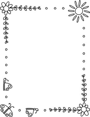 Basit bir çerçevede çiçekler, kelebekler ve elle çizilmiş bir güneş bulunur. Sınırda çiçekler, böcekler ve neşeli bir etki yaratmak için parlak bir güneş grafiği bulunuyor. Çizgi film vektör illüstrasyonu