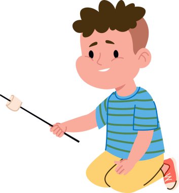 Çubukta şekerleme pişiren mutlu çocuk. Yazın eğlenen neşeli bir çocuk. Çizgi film Vektör İllüstrasyonu.