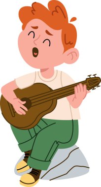 Neşeli bir çocuk sevinçle akustik gitar çalar. O mutlu bir şekilde oturur, müziğin tadını çıkarır. Çizgi film Vektör İllüstrasyonu.