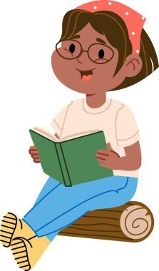 Gözlüklü genç bir kız, bir kütüğün üzerinde oturup el çizimi bir resimde kitap okuyor. Sakin ve odaklanmış bir şekilde huzurlu bir şekilde okumayı seviyor. Çizgi film Vektör İllüstrasyonu.