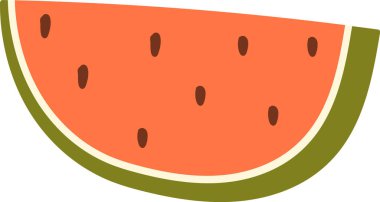 Basit düz bir karpuz parçası tohumlarla gösterilir. Bu sulu meyve segmenti minimalist çizim tekniğiyle tasvir edilir. Çizgi film vektör illüstrasyonu