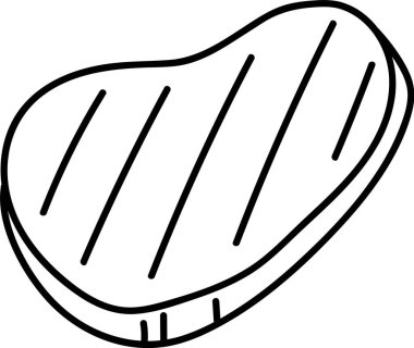 Minimalist çizgi şeklinde çizilmiş ızgara izleri olan bir biftek. Tasvirinde basitlik ve berraklığı vurguluyor. Çizgi film vektör illüstrasyonu.