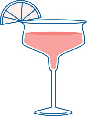 Limonlu garnitürle bir bardak pembe içecek gösterilir. Basit bir çizgi, saplı bir bardakta ferahlatıcı bir içecek tasvir ediyor. Çizgi film vektör illüstrasyonu