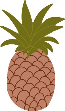 Bir ananas, kalın hatları ve sessiz tonlarıyla basit bir düz stil ile tasvir edilir. Egzotik meyve desenli bir vücut ve yapraklı bir taç ile gösterilir. Çizgi film vektör illüstrasyonu