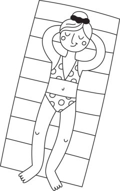 Bir kadın benekli mayoyla çizgili bir plaj havlusunda rahatlıyor. Kadın figürü, yaz sıcağının tadını çıkararak güneşli bir yatakta huzur içinde yatıyor. Çizgi film vektör illüstrasyonu