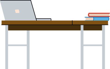 Bir defter bir yığın edebiyatla birlikte ahşap bir masanın üzerinde duruyor. Bir bilgisayar bir yığın okuyucu materyalin yanında masa yüzeyinde duruyor. Çizgi film vektör illüstrasyonu