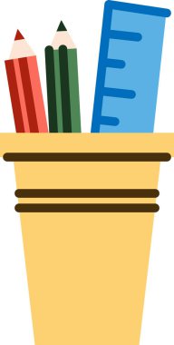 Bir konteynır iki renkli kalem ve bir cetvel içerir. Basit çizim, bir fincanda okul malzemelerini tasvir ediyor. Çizgi film vektör illüstrasyonu