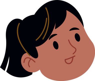 Genç bir kızın kafası, at kuyruklu, kalın bir sanat tarzıyla tasvir edilir. Portre, koyu saçlı ve neşeli bir yüzü olan mutlu bir çocuğu gösteriyor. Çizgi film vektör illüstrasyonu