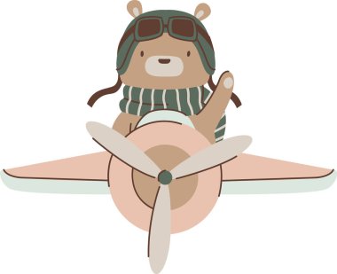 Pilot şapkalı bir ayı ve atkı küçük bir pervane uçağından dalgalanır. Şirin bir havacı küçük uçağıyla havada süzülüyor. Çizgi film vektör illüstrasyonu
