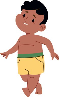 Yüzme şortu içinde gülümseyen bir çocuk cesur bir sanat tarzıyla tasvir edilir. Genç çocuk yaz kıyafetleri içinde neşeyle yürür. Çizgi film vektör illüstrasyonu