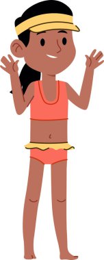 Şeftali rengi bikini ve güneşlik giymiş genç bir kız kollarını açmış olarak gösteriliyor. Plajda yaz kıyafetleri giyen bir çocuk neşeli bir pozla resmedilir. Çizgi film vektör illüstrasyonu