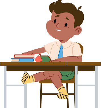 Kitaplar ve kalem kutusuyla masada oturan genç bir çocuk. Öğrenci neşeyle malzemelerini inceliyor. Çizgi film vektör illüstrasyonu