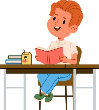 Neşeli bir çocuk kitap ve meyve suyuyla bir masada oturur, çizgi film tarzında kitap okur. Genç, kitapları ve içkisiyle masada edebiyatının keyfini çıkarıyor. Çizgi film vektör illüstrasyonu