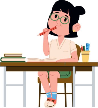 Kitaplar ve kalemlerle dolu bir masada oturan bir kız, düşünceli bir şekilde bir kalem tutuyor. Çocuk öğrenme materyalleriyle okul masasında dikkatle çalışıyor. Çizgi film vektör illüstrasyonu