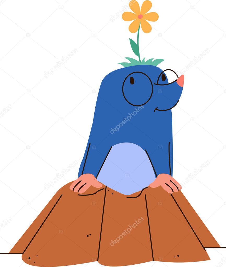 A happy mole, in glasses, sits atop a mound of soil with a flower on its head. This charming creature emerges from the ground, a delightful scene of nature.