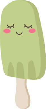 Gülümseyen bir buz çubuğu basit çizgiler ve allık yanaklarla çizgi film tarzında resmedilir. Bu dondurulmuş tatlı, ferahlatıcı vücudunda neşeli bir ifadeye sahiptir. Çizgi film vektör illüstrasyonu