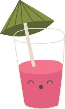 Bir bardak meyve suyu küçük bir gülen yüz ve küçük bir kağıt şemsiye içerir. Bu ferahlatıcı içecek sıcak bir yaz günü için mükemmeldir. Her duruma biraz neşe katar. Çizgi film vektör illüstrasyonu