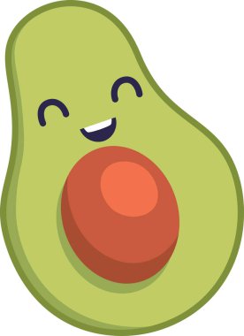 Neşeli bir avokado, büyük bir gülümseme ve çizgi film tarzında görünen bir çukur. Mutlu meyve karakterinin neşeli bir ifadesi ve basit replikleri vardır. Çizgi film vektör illüstrasyonu.