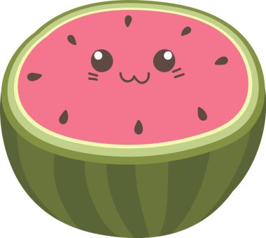 Yarım yamalak bir karpuz büyük gözlerle ve çizgi film tarzında minik ağızla gülümser. Bu lezzetli yaz ziyafeti neşeli bir ifadeyle mutlu bir meyve olarak tasvir edilir. Çizgi film vektör illüstrasyonu